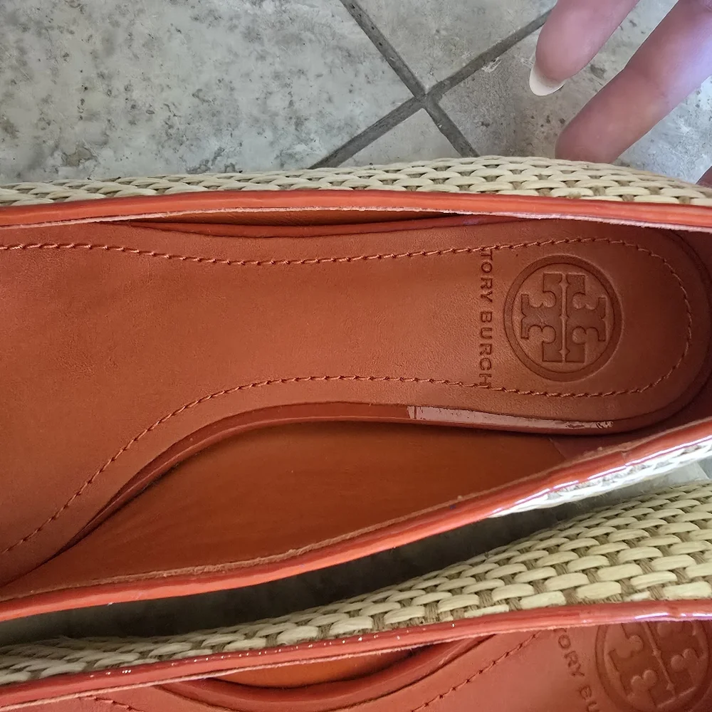 TORY BURCH Catherine orange patent with raffia smoking slippers flats shoes 5 - Picture 7 of 8